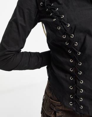 COLLUSION eyelet cross tie detail shirt in black