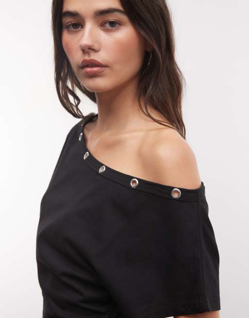 COLLUSION eyelet detail off shoulder top in black, 3 of 4