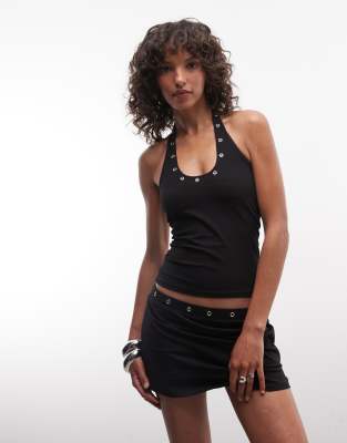 Collusion Eyelet Halter-black In Black