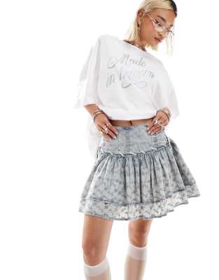 Collusion Eyelet Mini Skirt With Ribbon Detail In Washed Blue