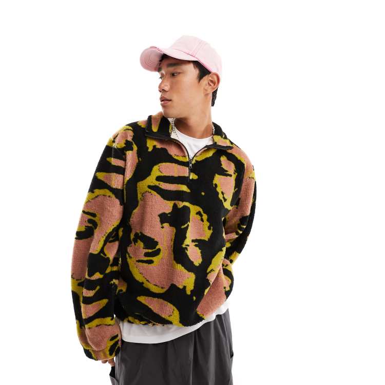 COLLUSION face print borg half zip top sweat in multi print | ASOS