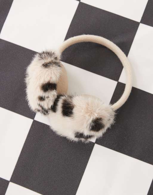 COLLUSION faux fur earmuffs in snow leopard print, 2 of 3