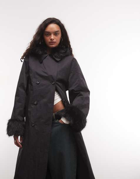 COLLUSION faux fur hooded trench coat in black - view 1