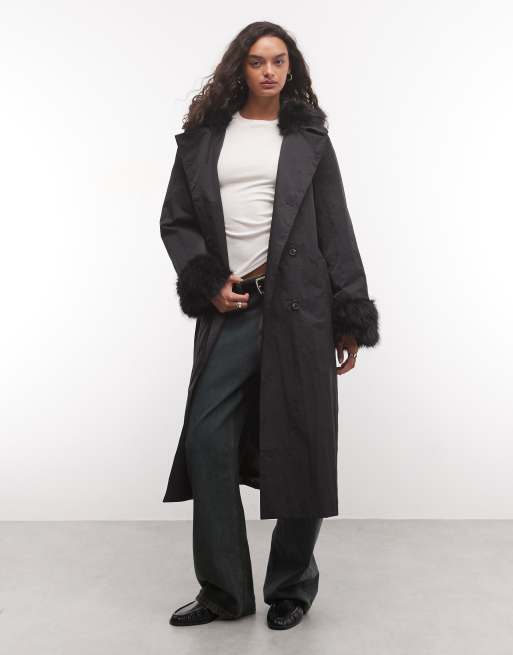 COLLUSION faux fur hooded trench coat in black, 2 of 4