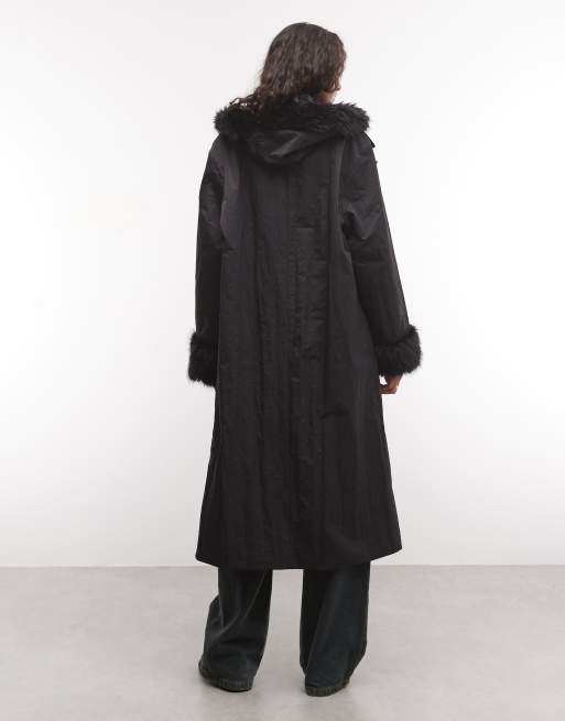COLLUSION faux fur hooded trench coat in black, 3 of 4