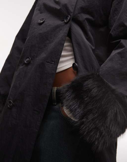 COLLUSION faux fur hooded trench coat in black, 4 of 4