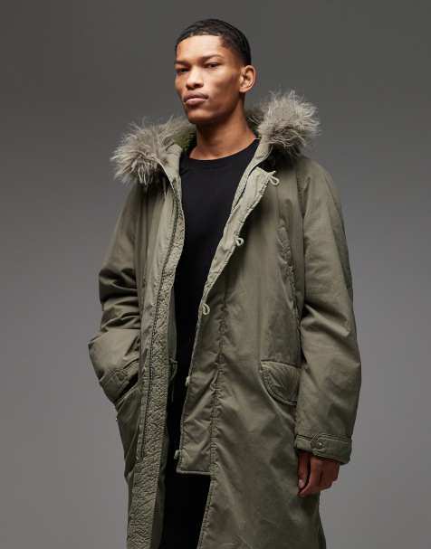 COLLUSION faux fur lined longline parka in khaki green - view 1