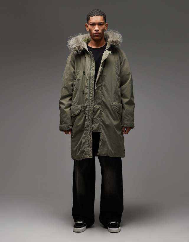 COLLUSION faux fur lined longline parka in khaki green | ASOS