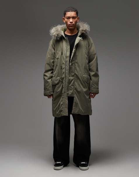 COLLUSION faux fur lined longline parka in khaki - view 1