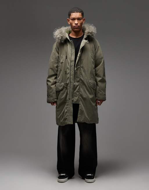 COLLUSION faux fur lined longline parka in khaki, 2 of 5