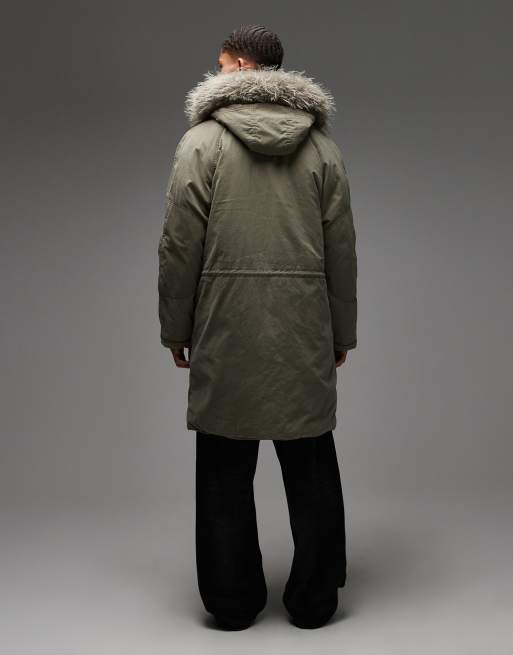 COLLUSION faux fur lined longline parka in khaki, 3 of 5