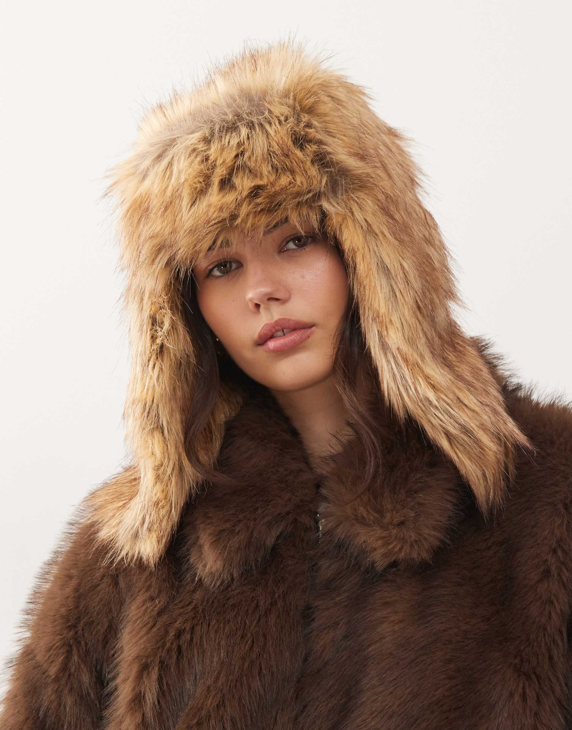 collusion faux fur trapper hat in neutral brown
