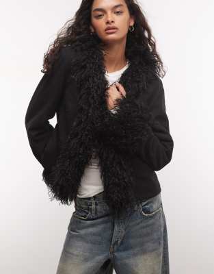 Collusion Faux Fur Trim Afghan Jacket In Black