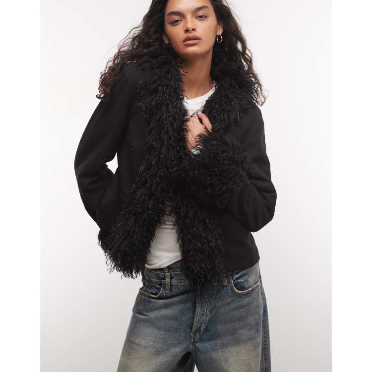 COLLUSION faux fur trim afghan jacket in black | ASOS