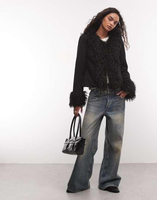 COLLUSION faux fur trim afghan jacket in black, 2 of 4