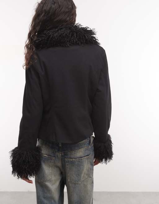 COLLUSION faux fur trim afghan jacket in black, 3 of 4