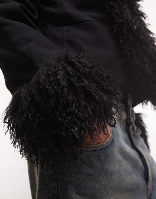 COLLUSION faux fur trim afghan jacket in black, 4 of 4