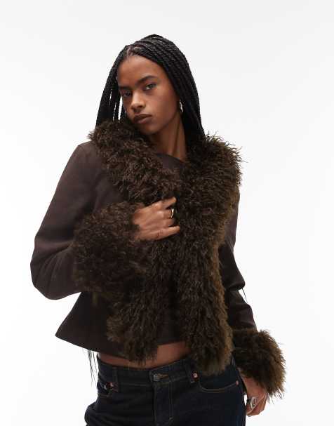 COLLUSION faux fur trim afghan jacket in chocolate brown - view 1