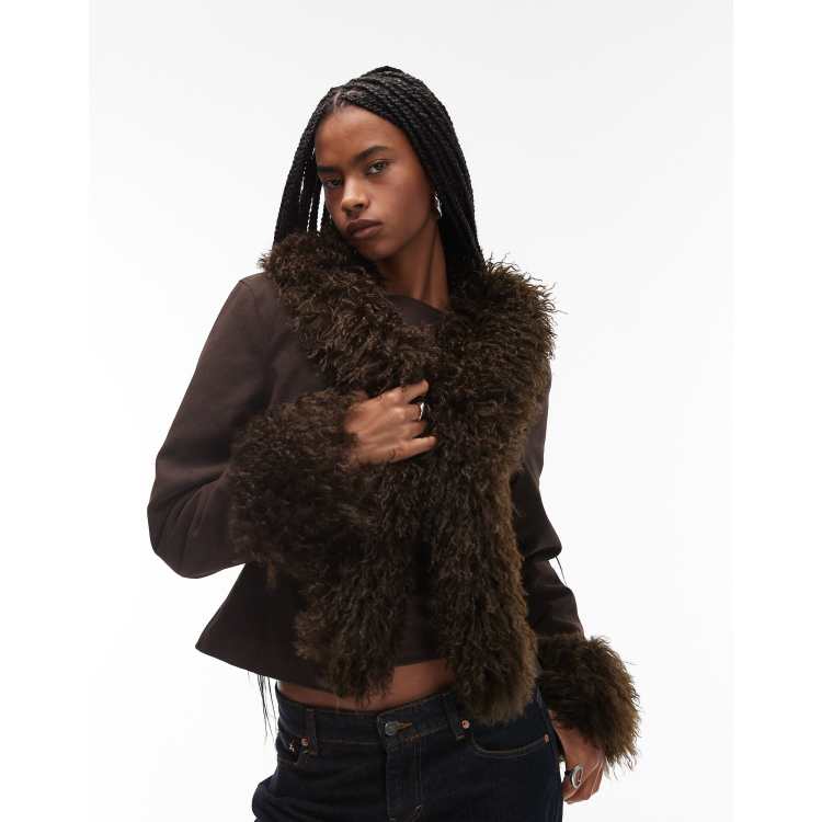 COLLUSION faux fur trim afghan jacket in chocolate brown | ASOS
