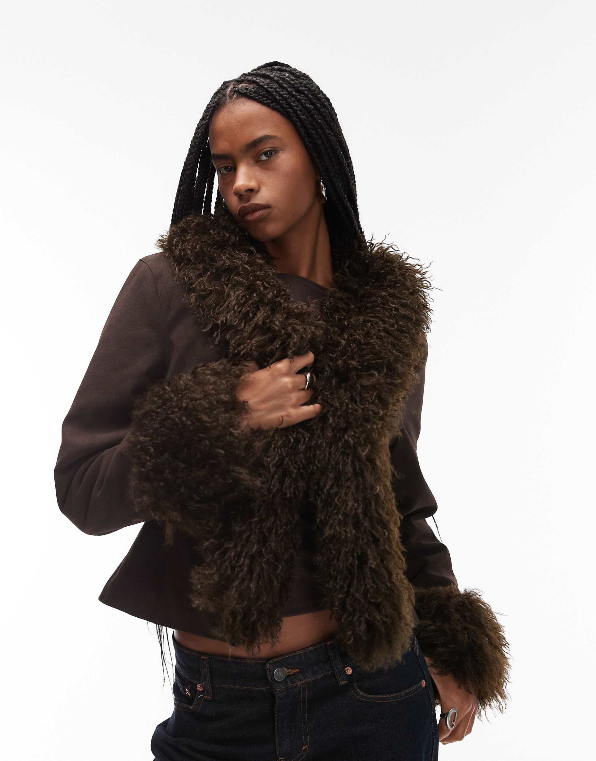 collusion faux fur trim afghan jacket in chocolate brown