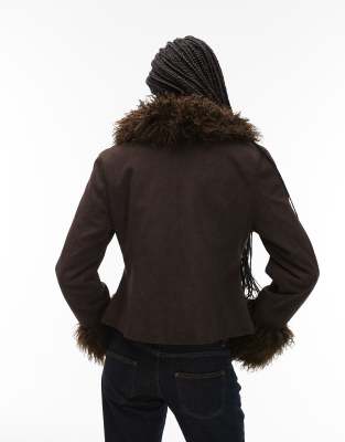 Collusion Faux Fur Trim Afghan Jacket In Brown