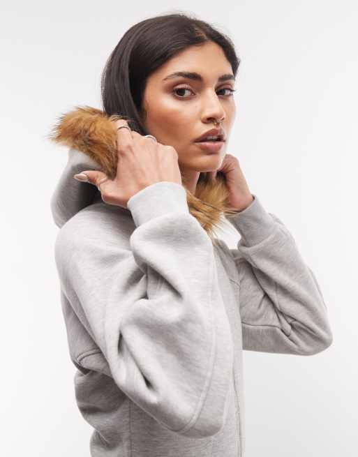 COLLUSION faux fur trim hoodie zip through in gray heather, 2 of 4