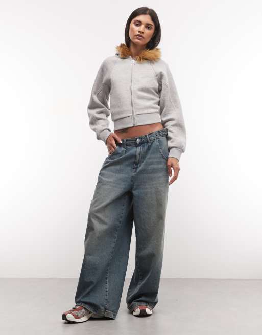 COLLUSION faux fur trim hoodie zip through in gray heather, 3 of 4