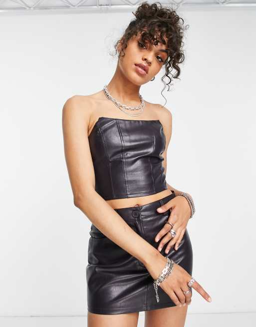 Pull&Bear faux leather corset top and skirt set in black