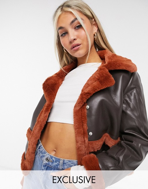 COLLUSION faux leather jacket in brown with orange fur detail
