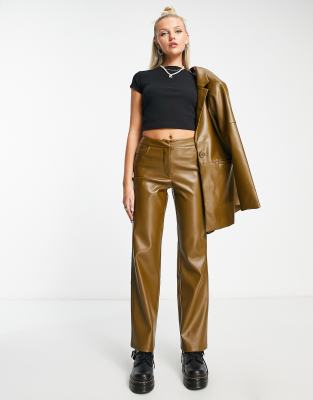 Collusion Plus Faux Leather Pants In Olive Green - Part Of A Set-pink In Green