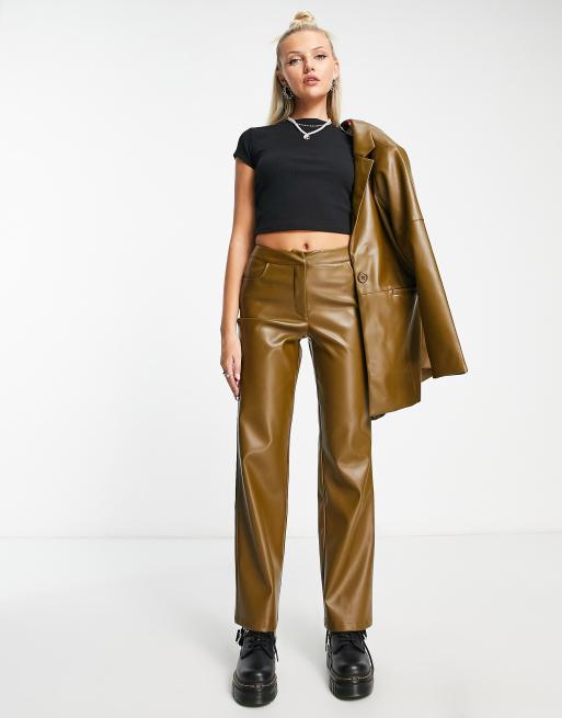 Olive green faux leather on sale pants