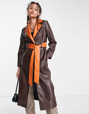 COLLUSION faux leather trench coat in chocolate brown with contrasting orange details