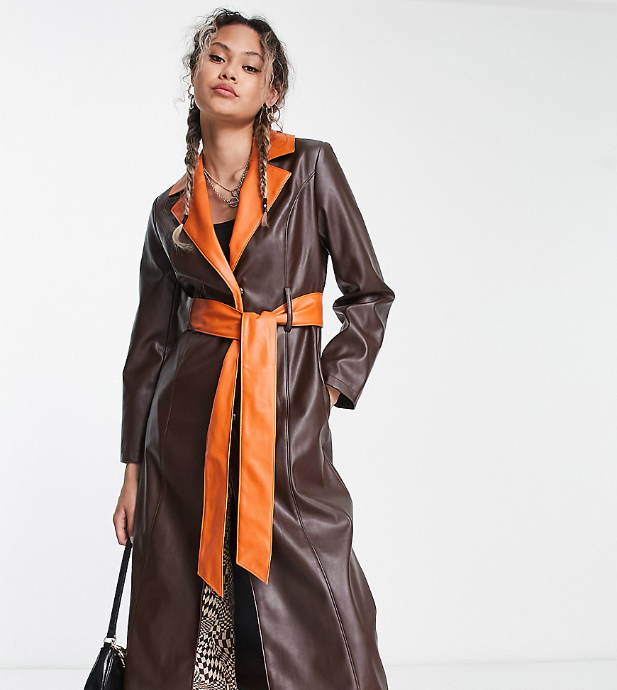 COLLUSION faux leather trench coat in chocolate brown with contrasting orange details-Multi