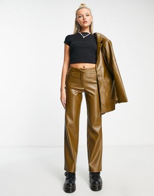 COLLUSION faux leather trouser co-ord in olive green