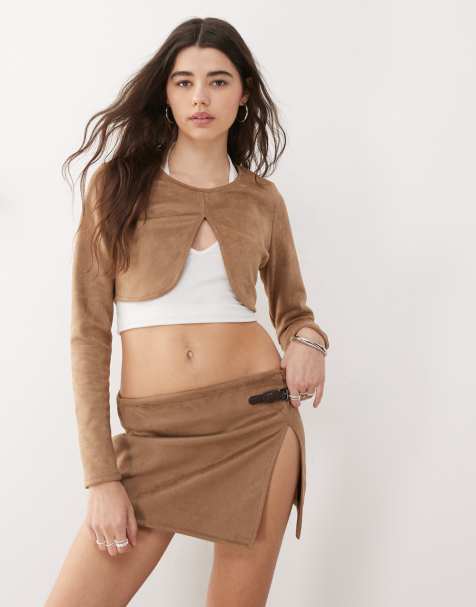 COLLUSION faux suede long sleeve crop top in brown - view 1