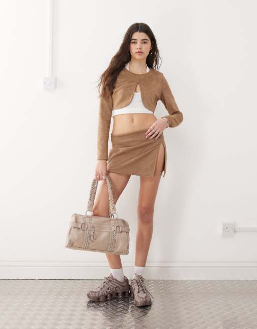 COLLUSION faux suede long sleeve crop top in brown, 2 of 4
