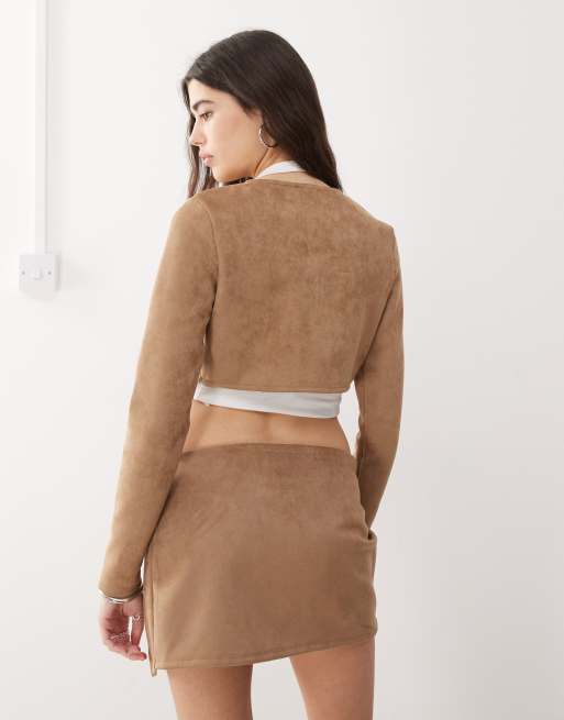 COLLUSION faux suede long sleeve crop top in brown, 3 of 4