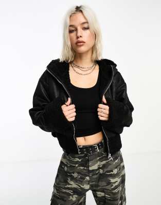 Collusion Faux Suede Short Aviator Jacket In Black