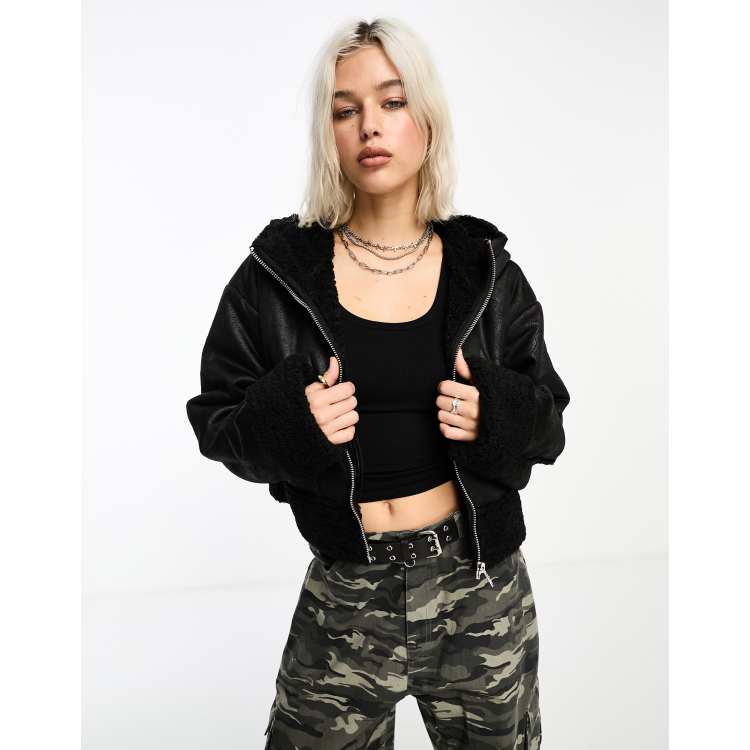 COLLUSION faux suede short aviator jacket in black ASOS