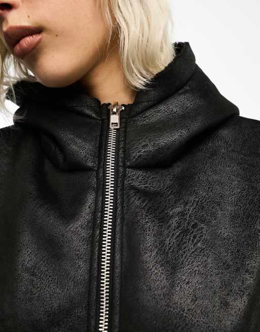 COLLUSION faux suede short aviator jacket in black