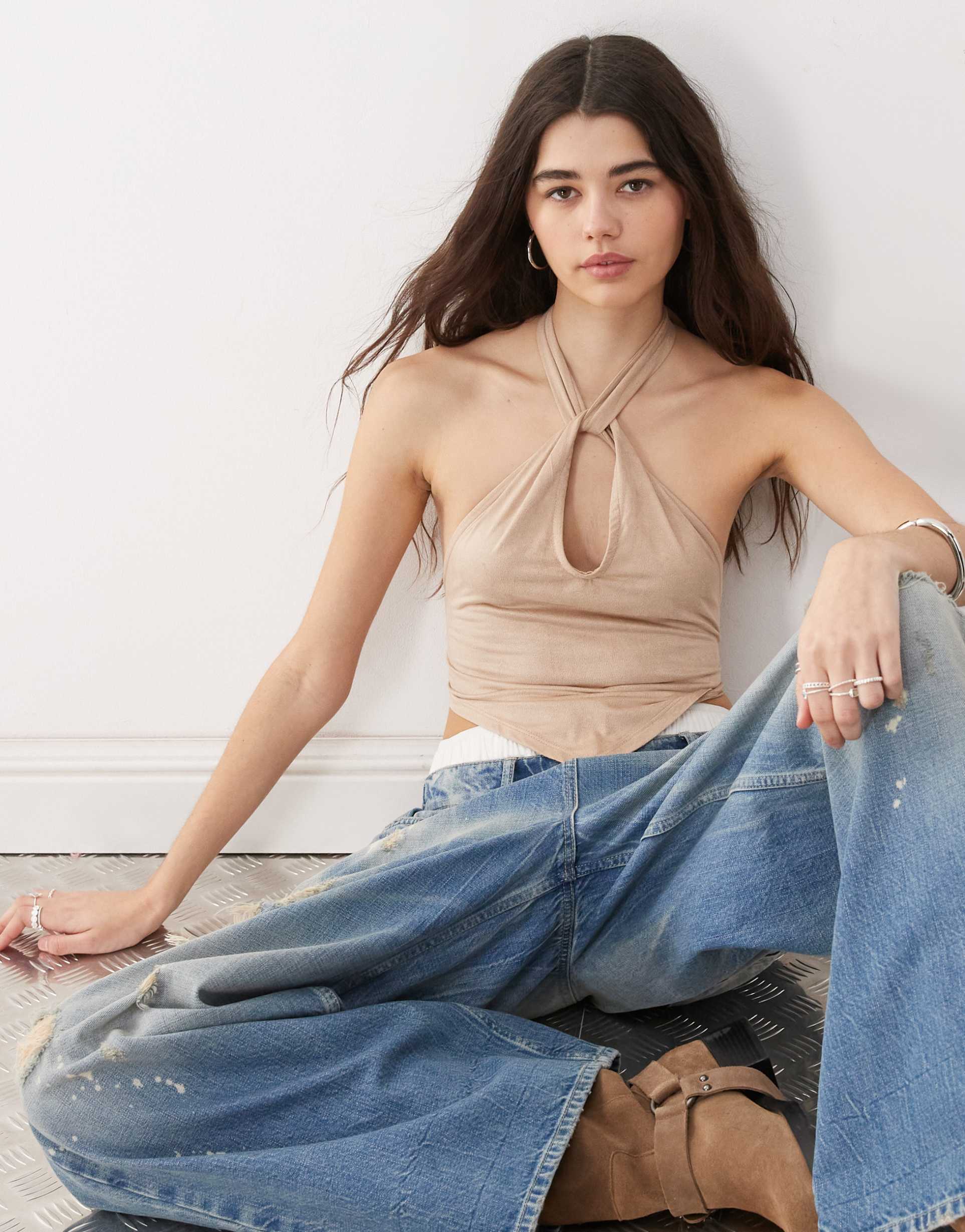collusion faux suede twist neck top in brown