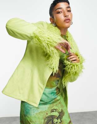 Collusion Faux Suedette Jacket With Faux-fur Trims In Light Green