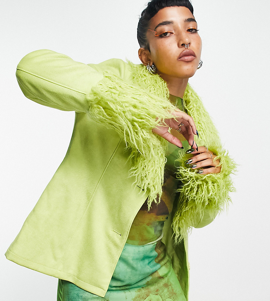 COLLUSION faux suedette jacket with faux-fur trims in light green