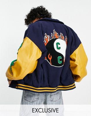 COLLUSION faux wool varsity coach in yellow and navy