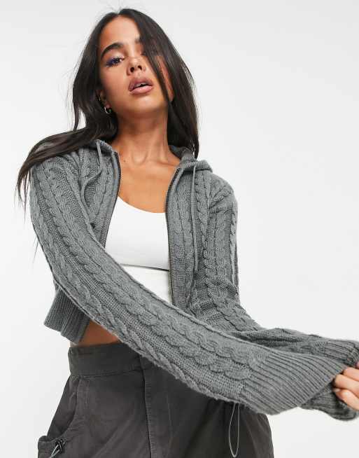 COLLUSION - Felpa con cappuccio corta in maglia grigio mélange a coste