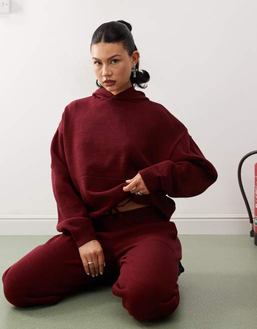 COLLUSION - Felpa con cappuccio oversize bordeaux in maglia in coordinato