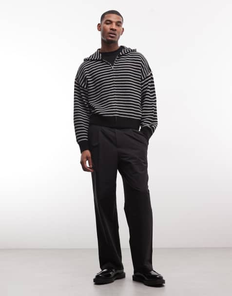COLLUSION - Felpa con cappuccio squadrata in maglia nera a righe con zip - view 1