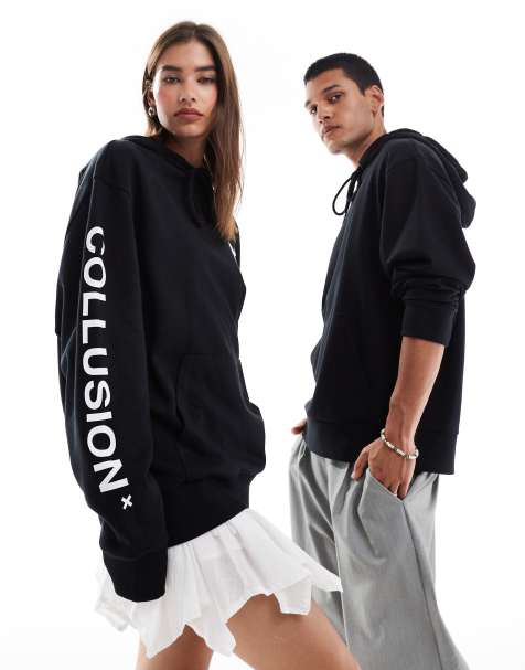COLLUSION - Felpa nera unisex con cappuccio e logo - view 1