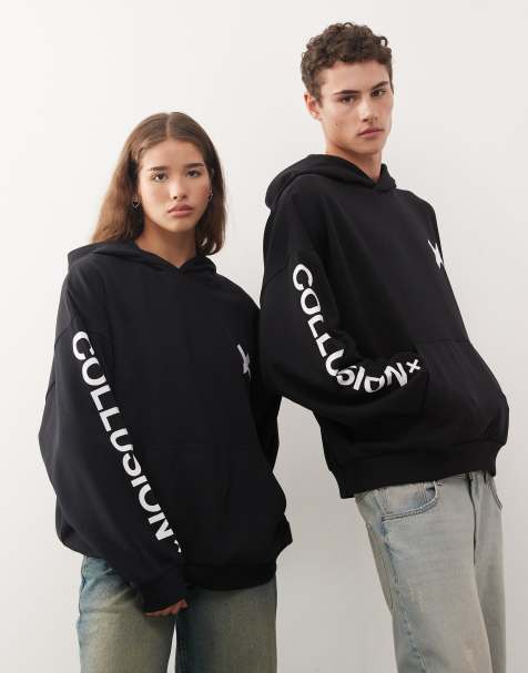 COLLUSION - Felpa nera unisex squadrata con cappuccio e logo - view 1