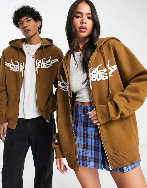 COLLUSION - Felpa oversize con cappuccio marrone ricamata con zip